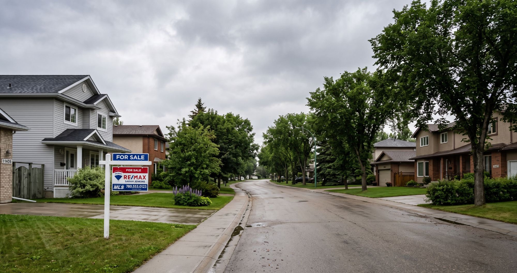 A quiet Edmonton street with a for sale sign, representing the city's cooling July 2026 housing market