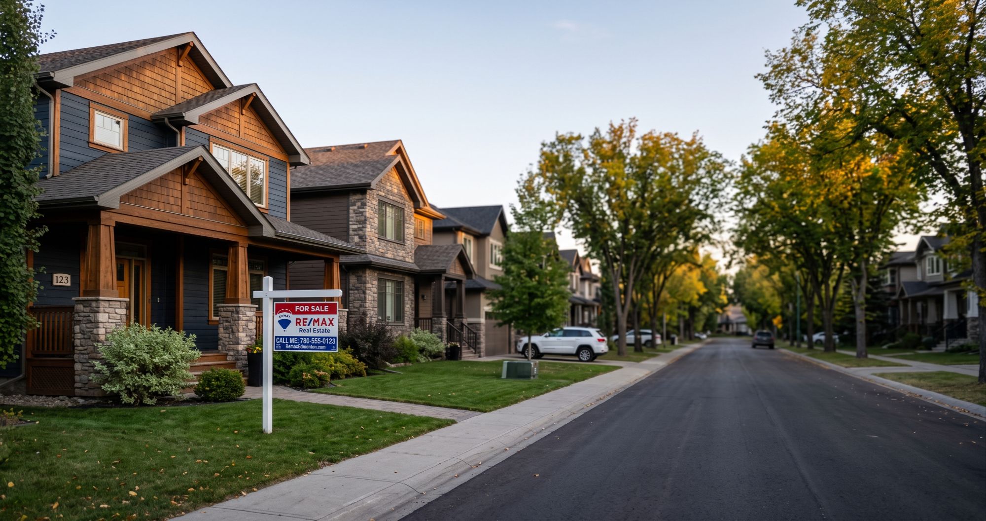 A quiet Edmonton suburban street of detached homes at golden hour with a for sale sign in the foreground yard, illustrating Edmonton's shifting buyer's market