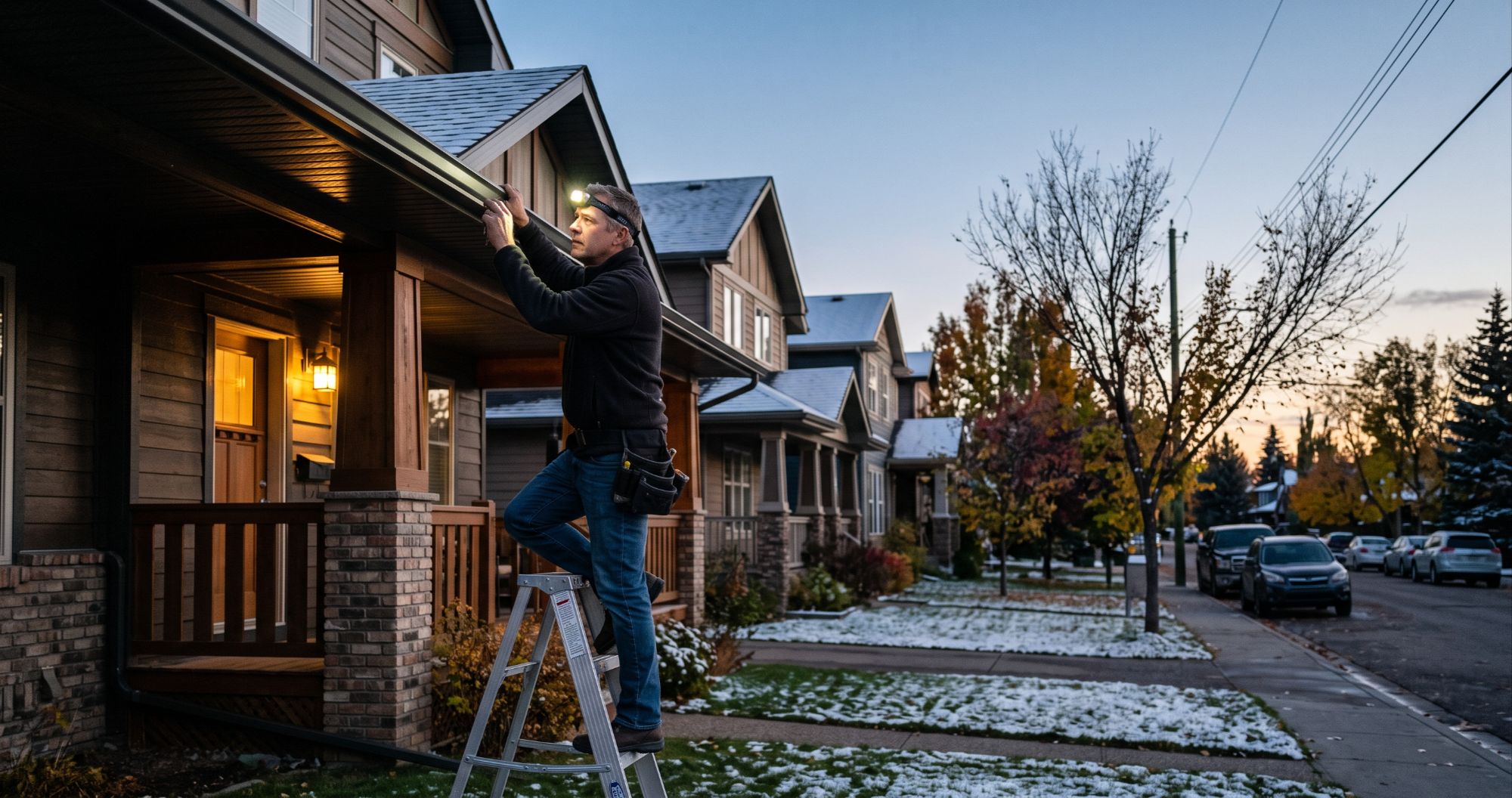 A homeowner inspects an eavestrough at dusk on a suburban Edmonton home, illustrating the fall maintenance window on an Edmonton home maintenance calendar.