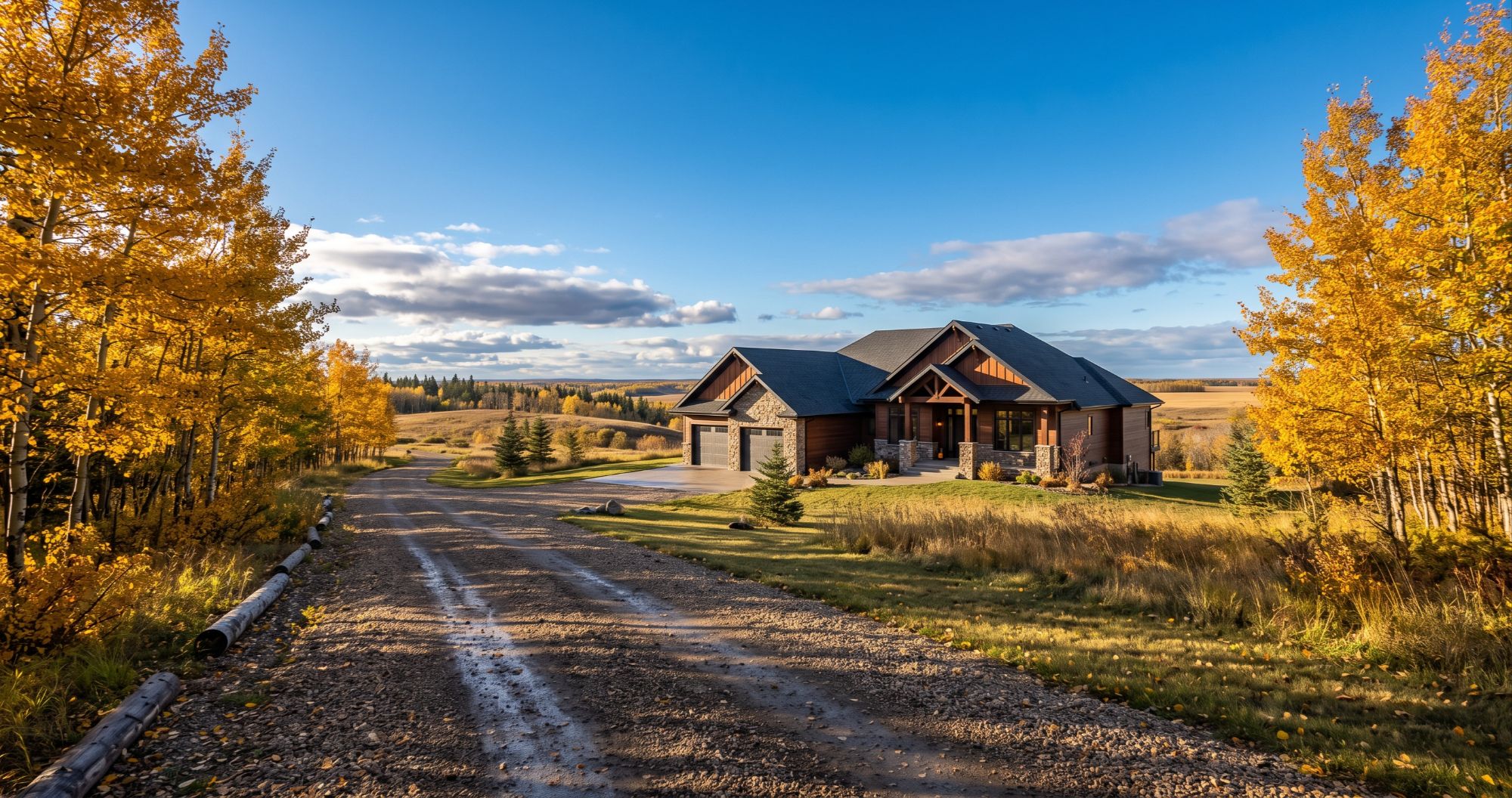 Gravel driveway leading to a modern acreage home in rural Strathcona County at golden hour, illustrating premium Strathcona County acreage properties