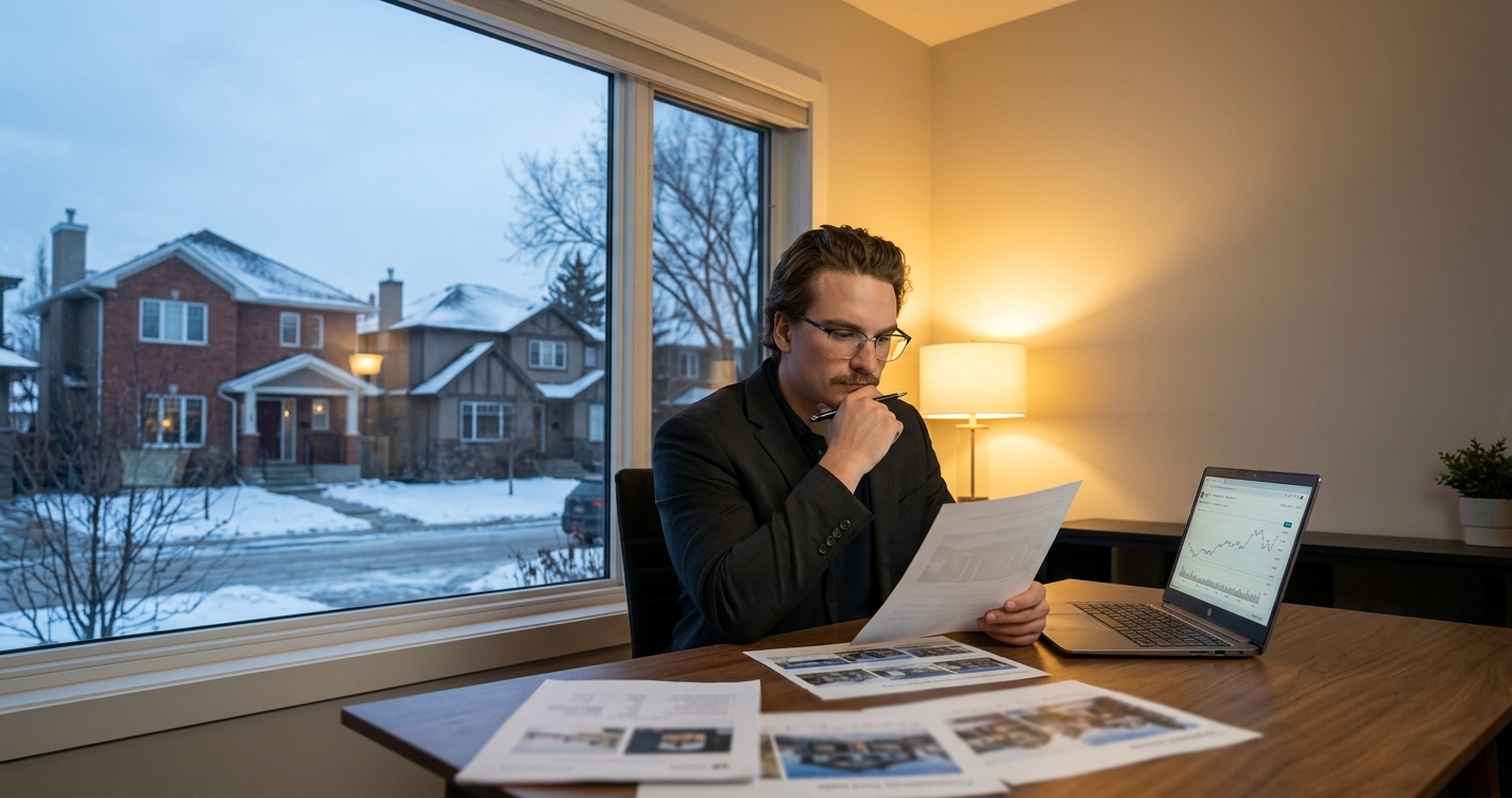 Real estate agent reviewing Edmonton home sale comparables at a desk with a snowy suburban street visible at dusk, representing this year's negotiating strategy.