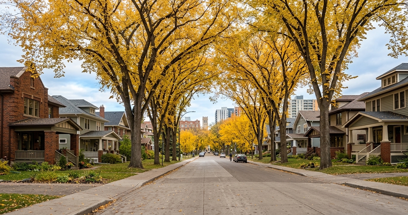 A tree-lined walkable residential street in Garneau, one of Edmonton's most walkable neighbourhoods, with character homes and a clear sidewalk.