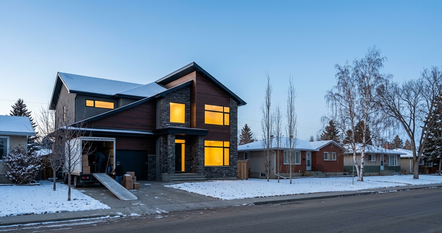 Modern Edmonton-area detached home at dusk with a moving truck in the driveway, representing a household relocating from British Columbia to Alberta for the financial savings