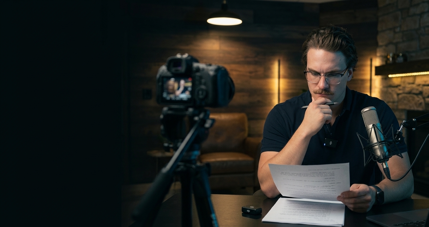 Real estate content creator reviewing a video script before filming, deciding whether to keep a direct opinion in or soften it
