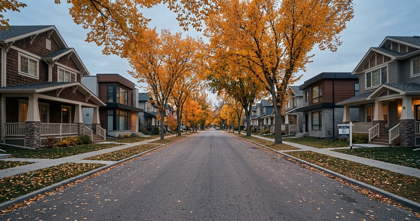 Autumn street in an Edmonton suburban neighbourhood with detached homes and golden fall foliage, representing the seasonal shift in Edmonton's fall 2026 housing market
