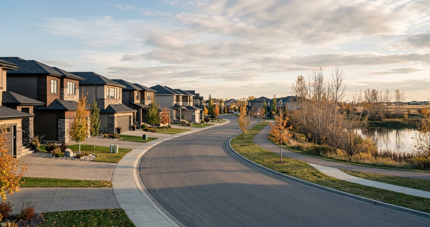 Newer suburban street of two-story detached homes in Laurel, a family community in southeast Edmonton