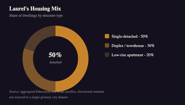 Donut chart showing Laurel Edmonton housing mix: 50 percent single-detached, 30 percent duplex or townhouse, 20 percent low-rise apartment