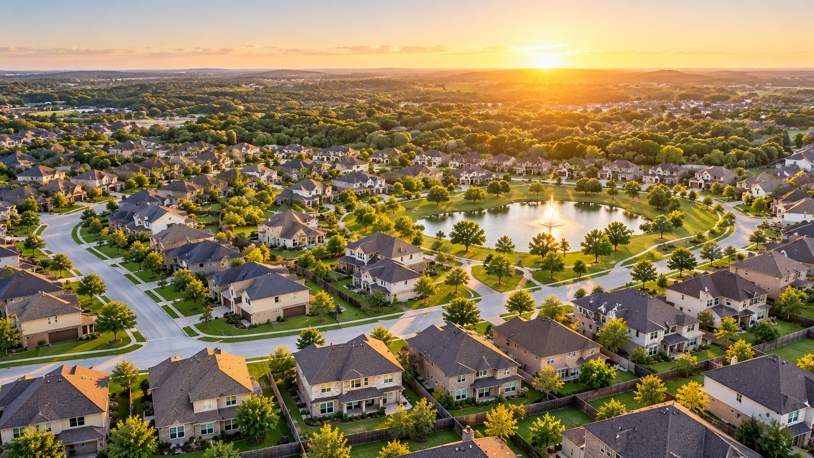 Aerial view of a Spring, Texas neighborhood at sunset