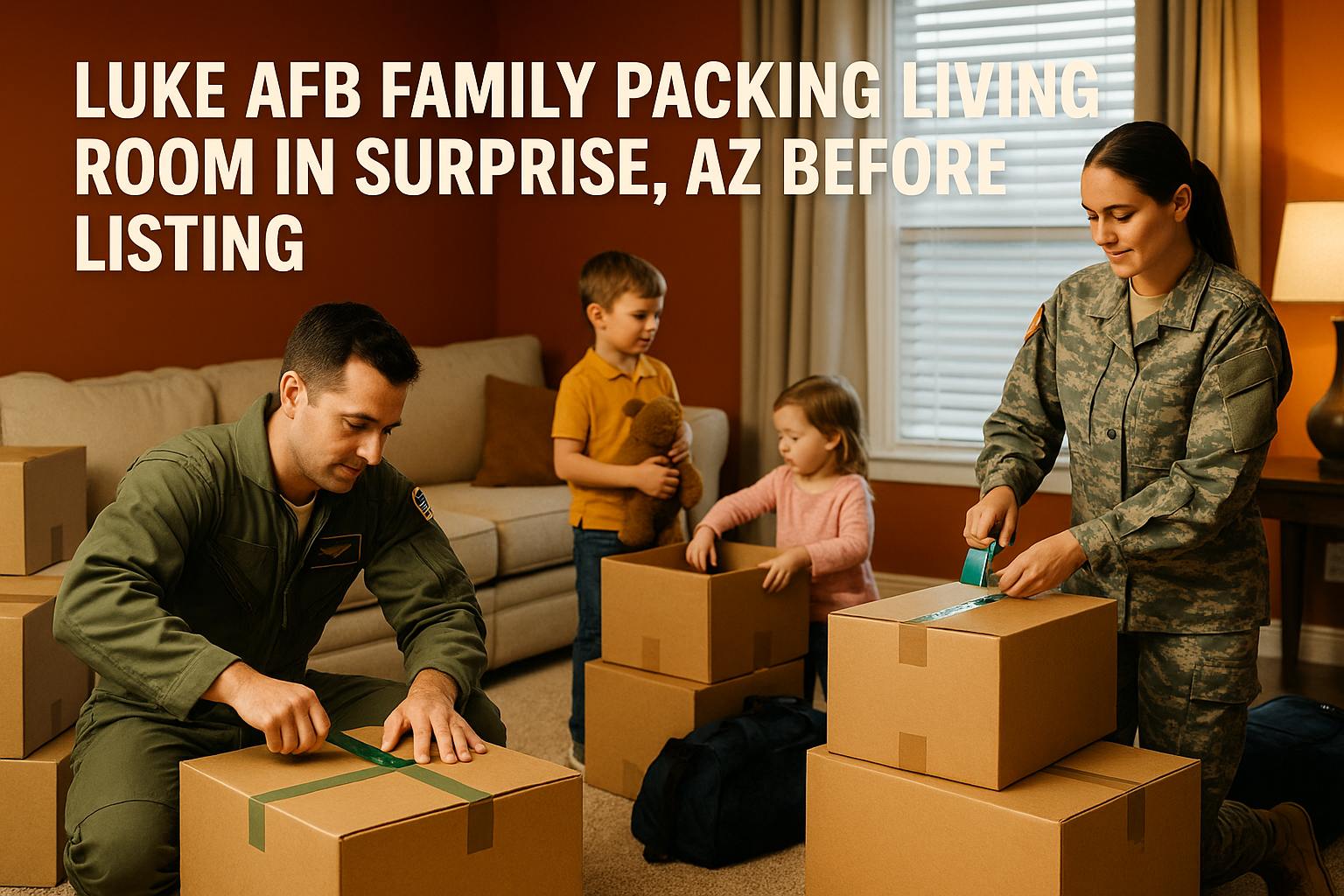 Luke AFB family packing living room in Surprise AZ before listing