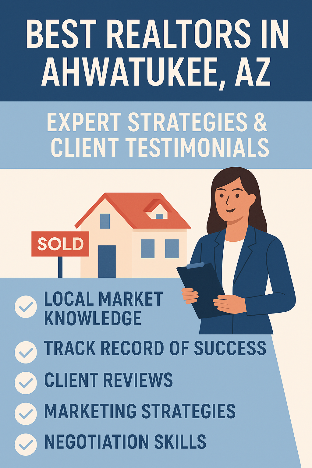 nfographic: Best Realtors in Ahwatukee, AZ with expert strategies, client reviews, and key qualities like negotiation skills, local knowledge, and marketing power