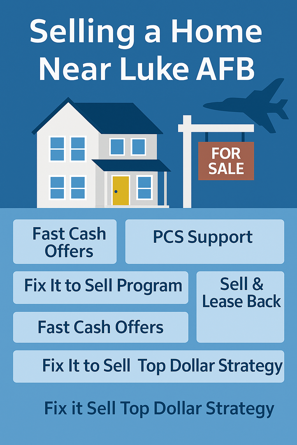 Infographic: Selling a home near Luke AFB with options like cash offers, PCS support, VA financing, fix-to-sell, leaseback, and top-dollar marketing