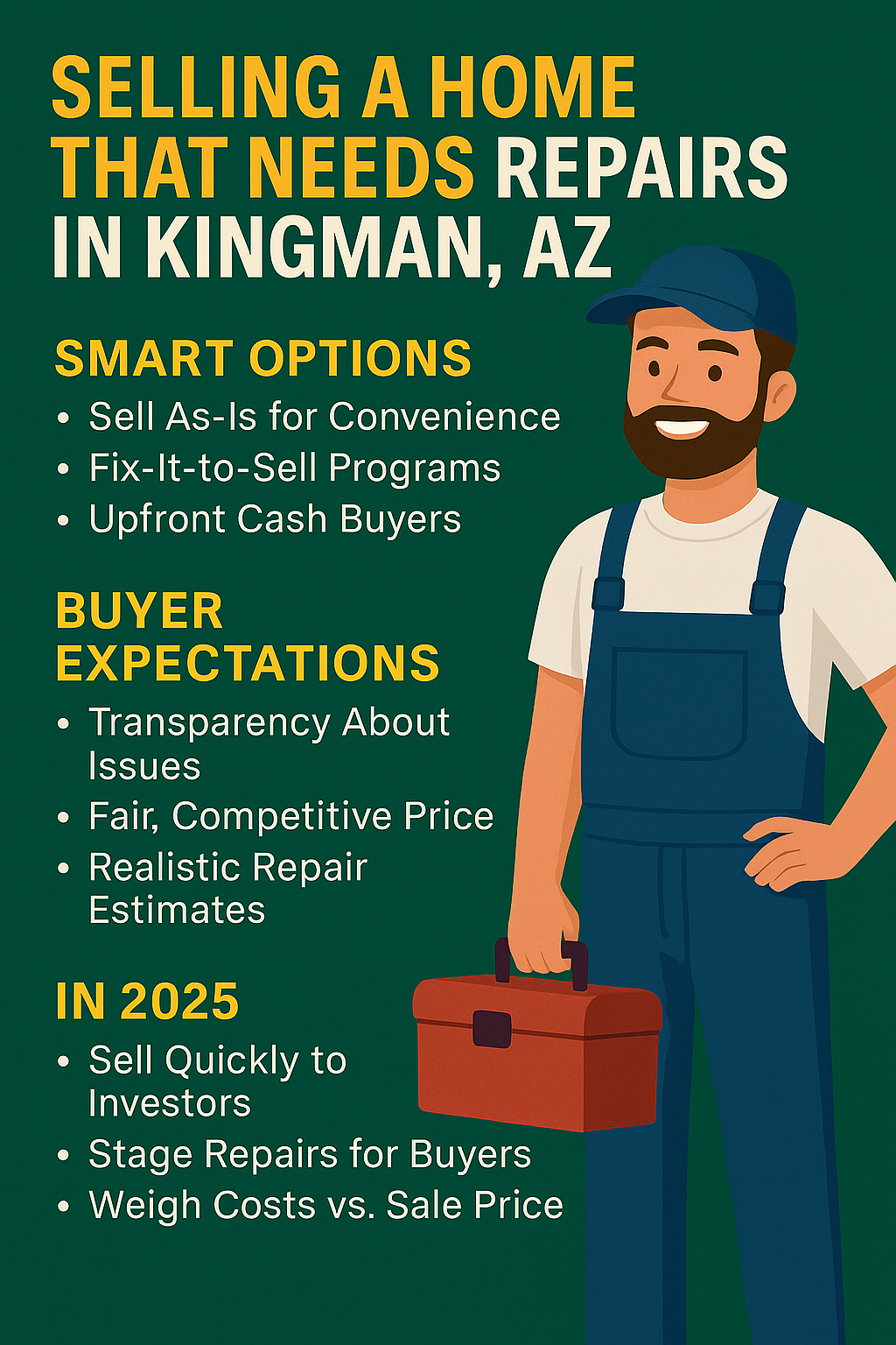 Infographic: Selling a home that needs repairs in Kingman, AZ with as-is sales, fix-to-sell programs, and cash offers in 2025