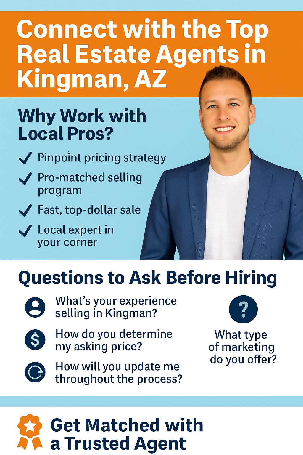 Infographic: Connect with top real estate agents in Kingman, AZ, featuring benefits of local expertise, pricing strategies, and fast sales in 2025