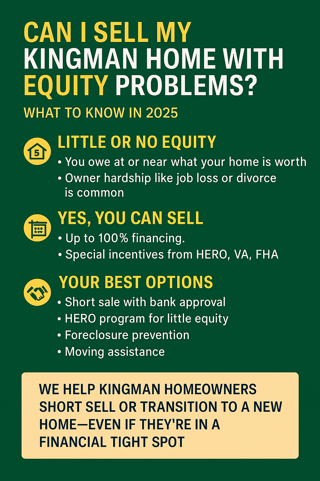 Infographic: Selling a Kingman, AZ home with low or negative equity using short sales, cash offers, and expert planning in 2025