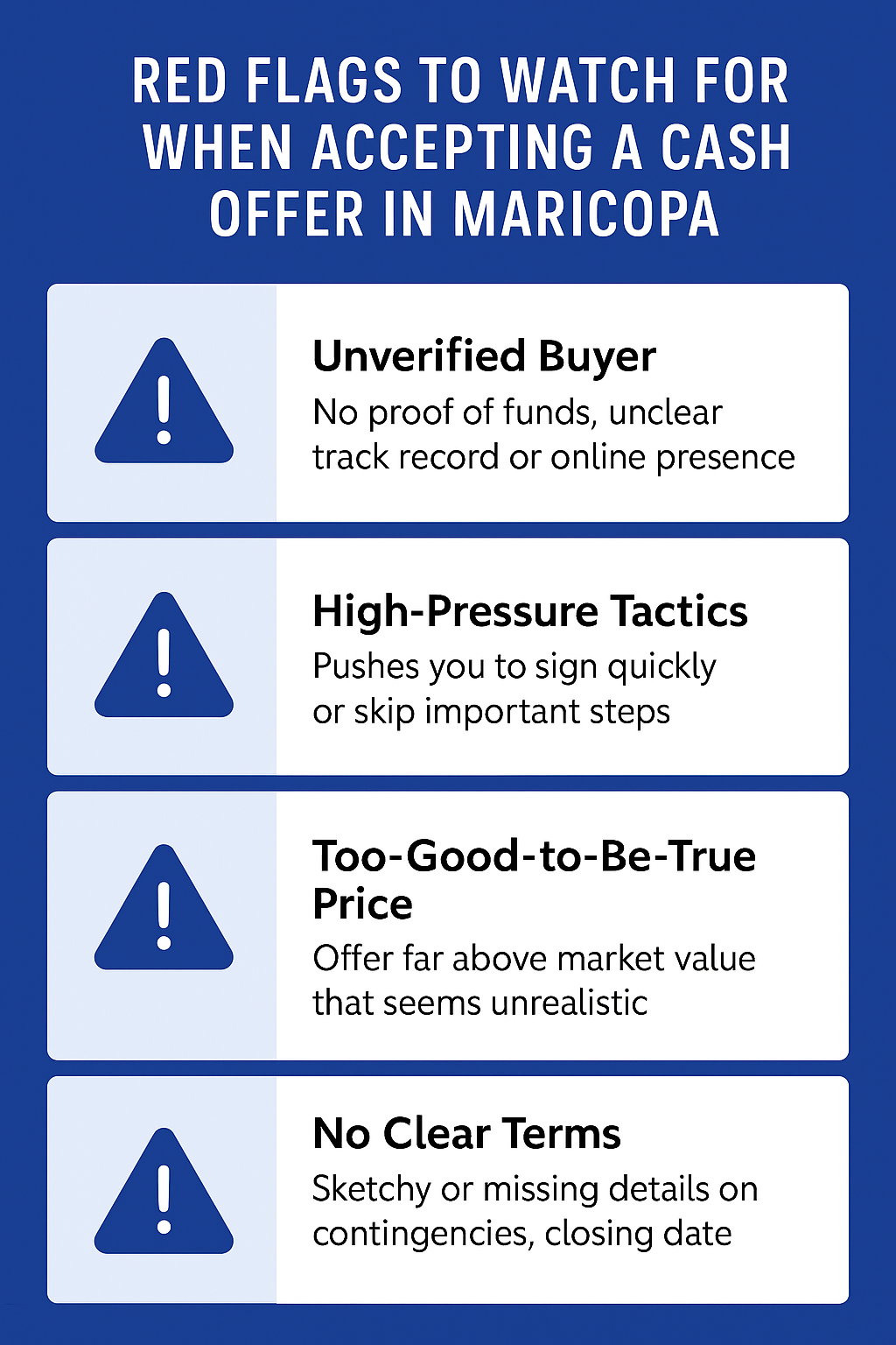 Infographic: Red flags to watch for when accepting a cash offer in Maricopa, including unverified buyers, high-pressure tactics, unrealistic prices, and unclear terms.