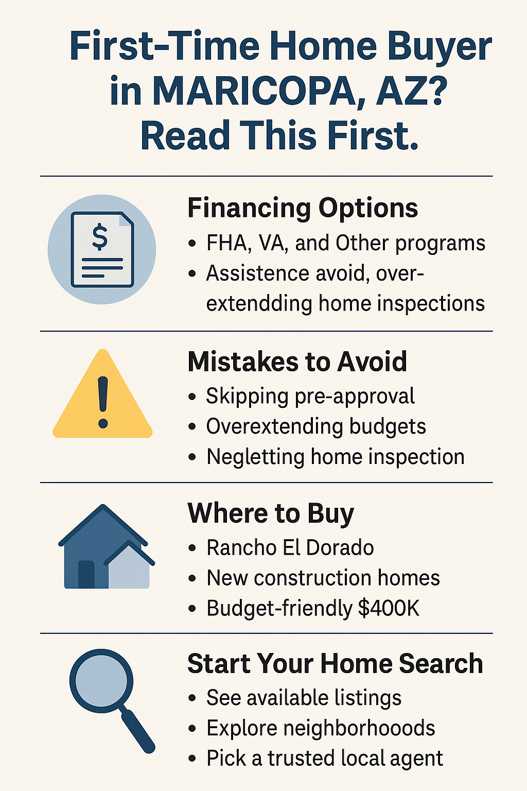 Infographic: Guide for first-time home buyers in Maricopa, AZ—financing, neighborhoods, mistakes to avoid, and PCS-friendly tips for military buyers