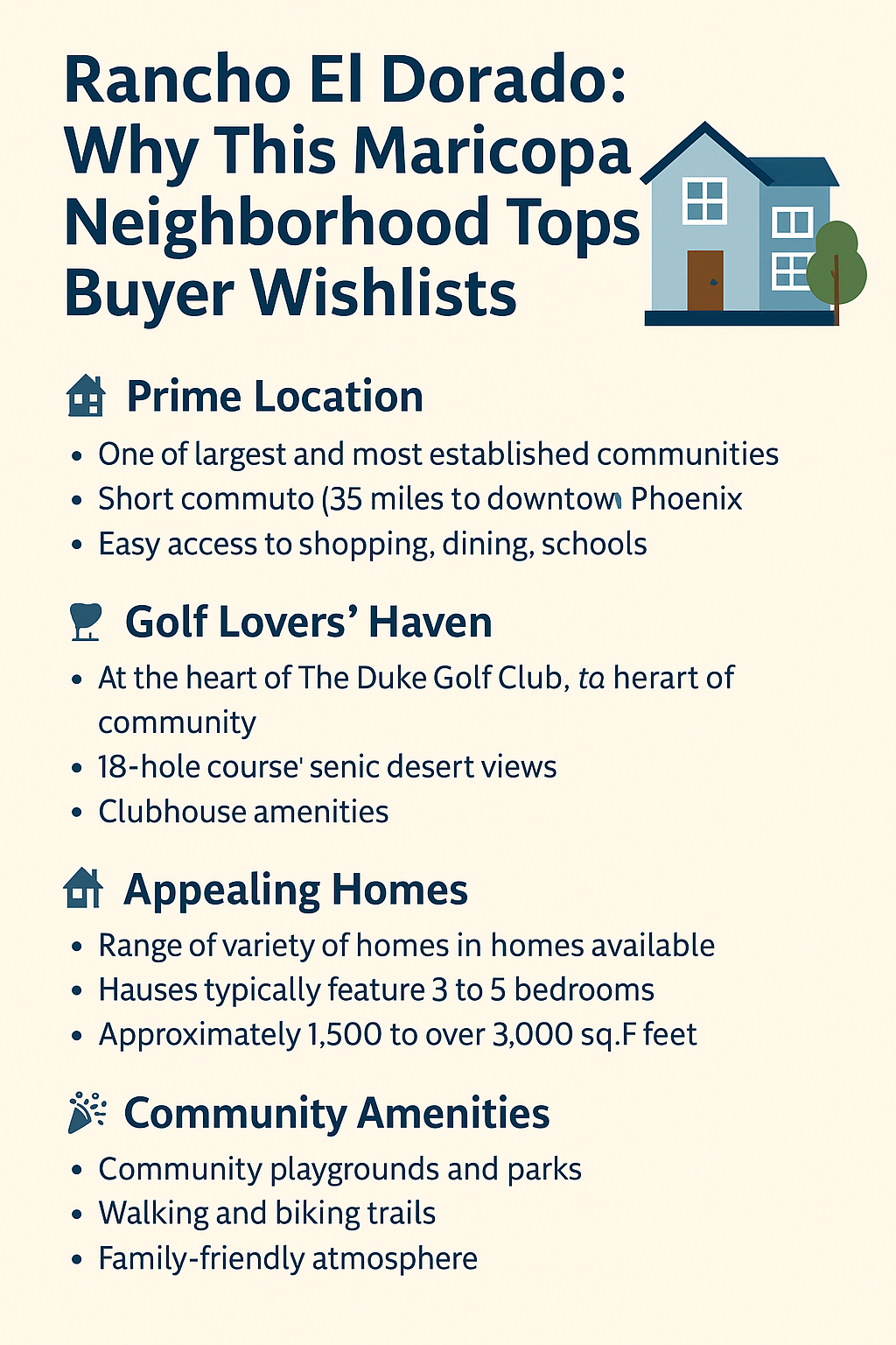 Infographic: Rancho El Dorado in Maricopa, AZ—golf course homes, family-friendly amenities, VA buyer demand, and fast cash offers for sellers