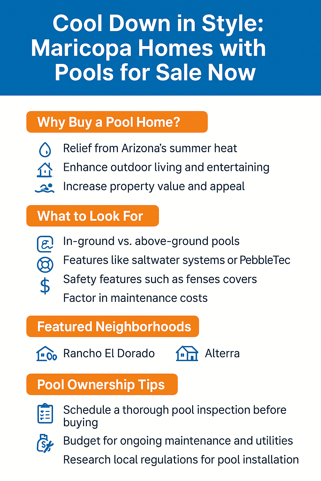 Infographic: Selling or buying a home with a pool in Maricopa, AZ near Luke AFB with fast cash offers, PCS help, and VA loan-ready buyers