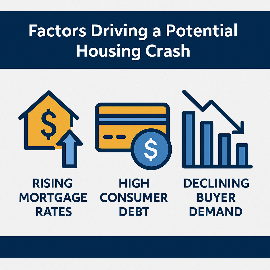 Infographic: Factors driving a potential 2025 housing crash—rising mortgage rates, high consumer debt, and declining buyer demand.