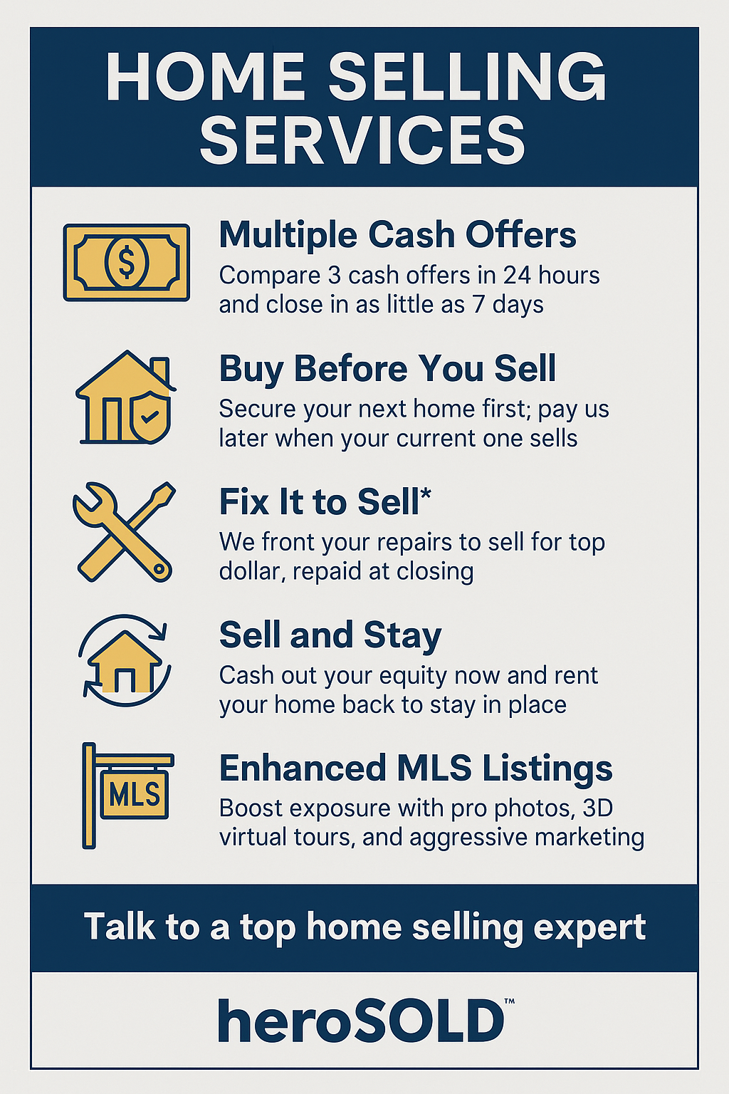 Home selling services from heroSOLD including cash offers, buy before you sell, fix to sell, sell and stay, and enhanced MLS listings