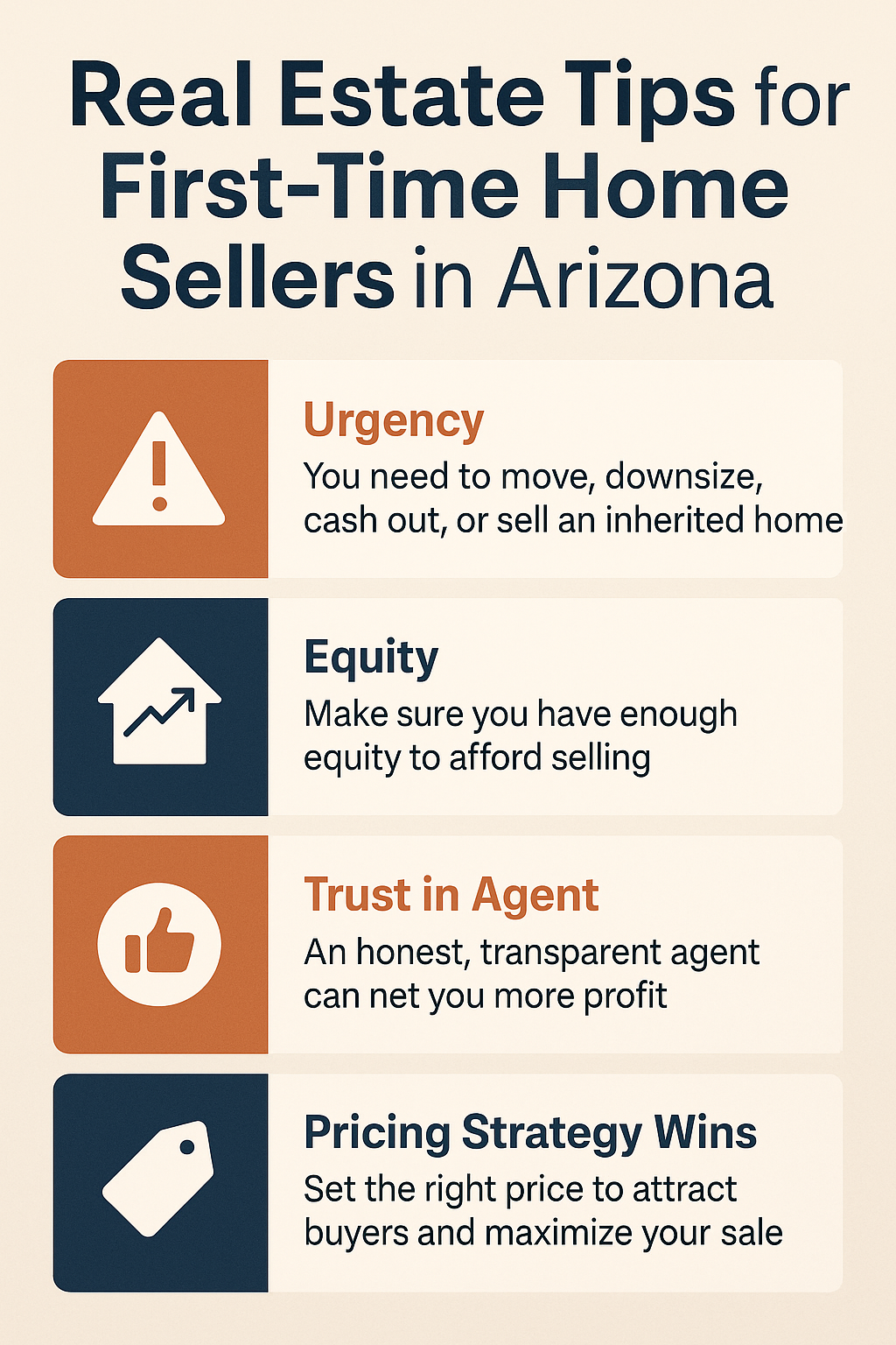 Real estate tips for first-time home sellers in Arizona including urgency, equity, pricing strategy, and agent trust