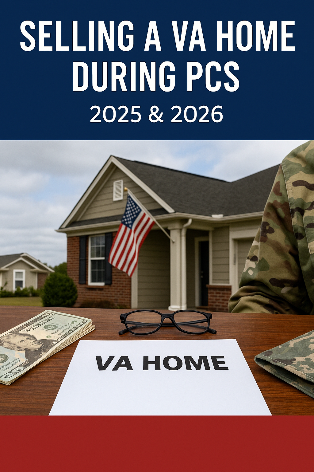 A house with an American flag and VA home sale papers on a desk with a military uniform — representing the sale of a VA-backed home during PCS in 2025–2026.