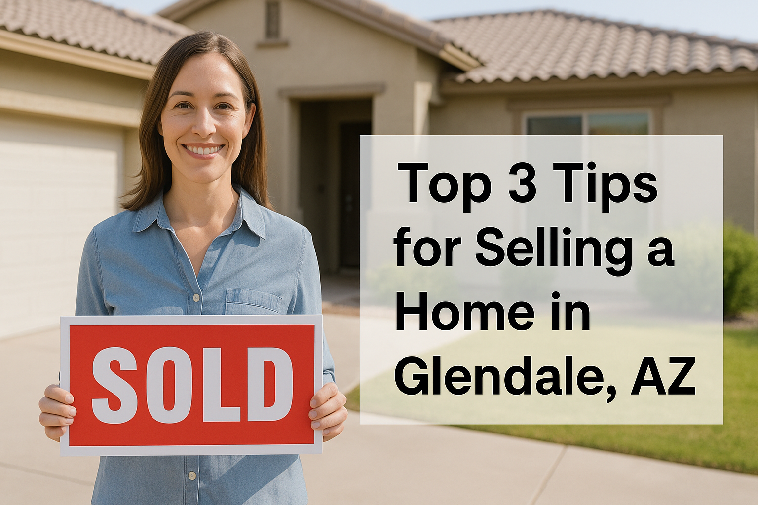 Woman holding SOLD sign in front of home with headline 'Top 3 Tips for Selling a Home in Glendale, AZ
