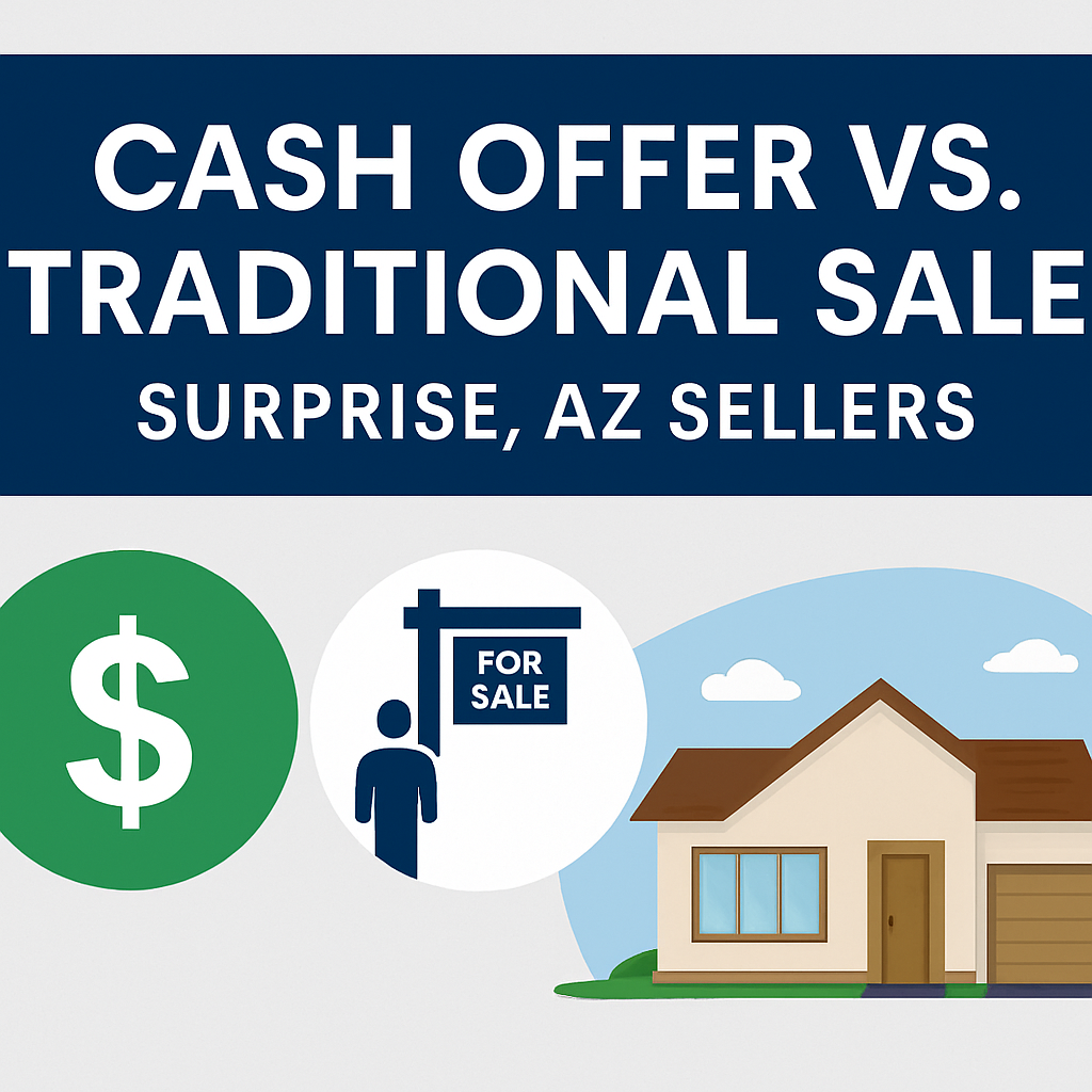 Infographic: Cash offer vs. traditional sale for Surprise, AZ sellers, comparing speed, price, and convenience