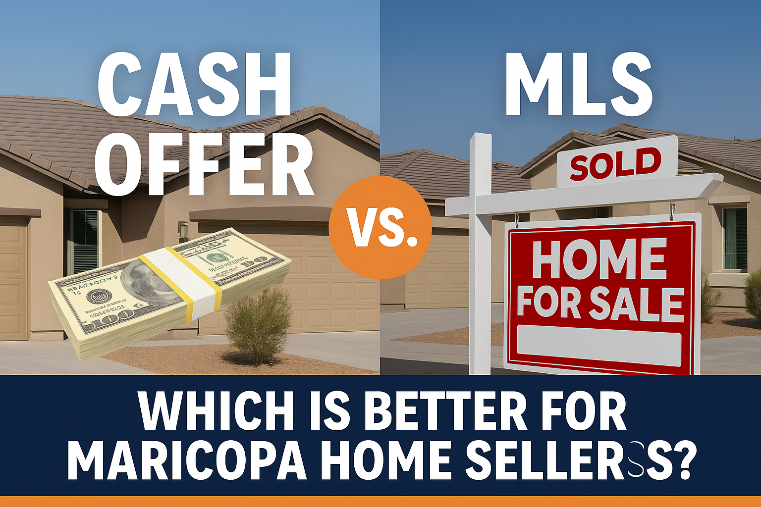 Infographic: Comparing cash offer vs. MLS for Maricopa, AZ home sellers, highlighting speed, profit, and effort in 2025