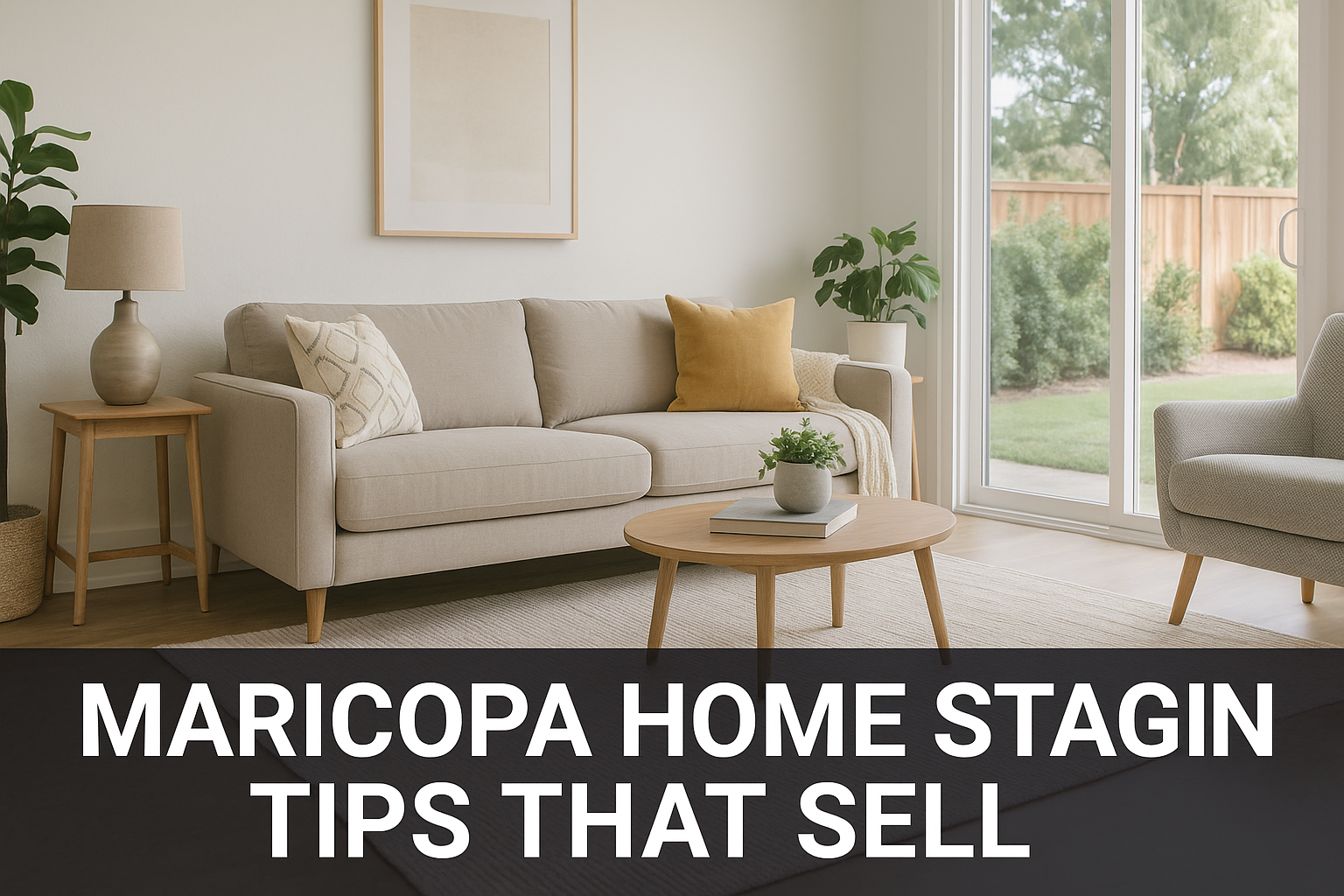 Infographic: Maricopa, AZ home staging tips to sell fast in 2025, with decluttering, lighting, and curb appeal strategies