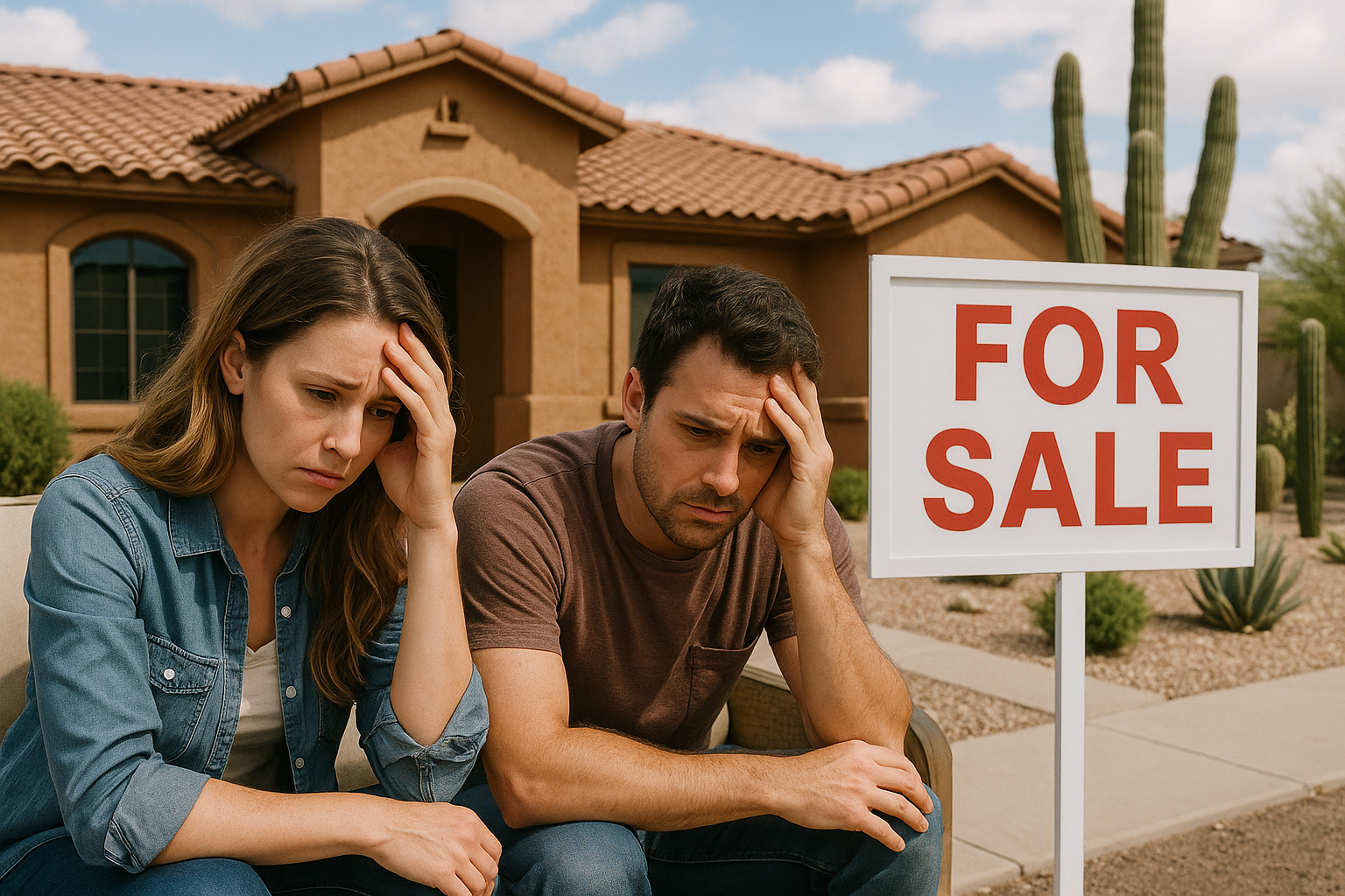Stressed couple reviewing bills with their Surprise, AZ home for sale, ready to sell fast