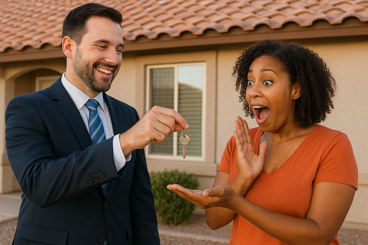 Friendly agent handing keys to surprize az homeowner