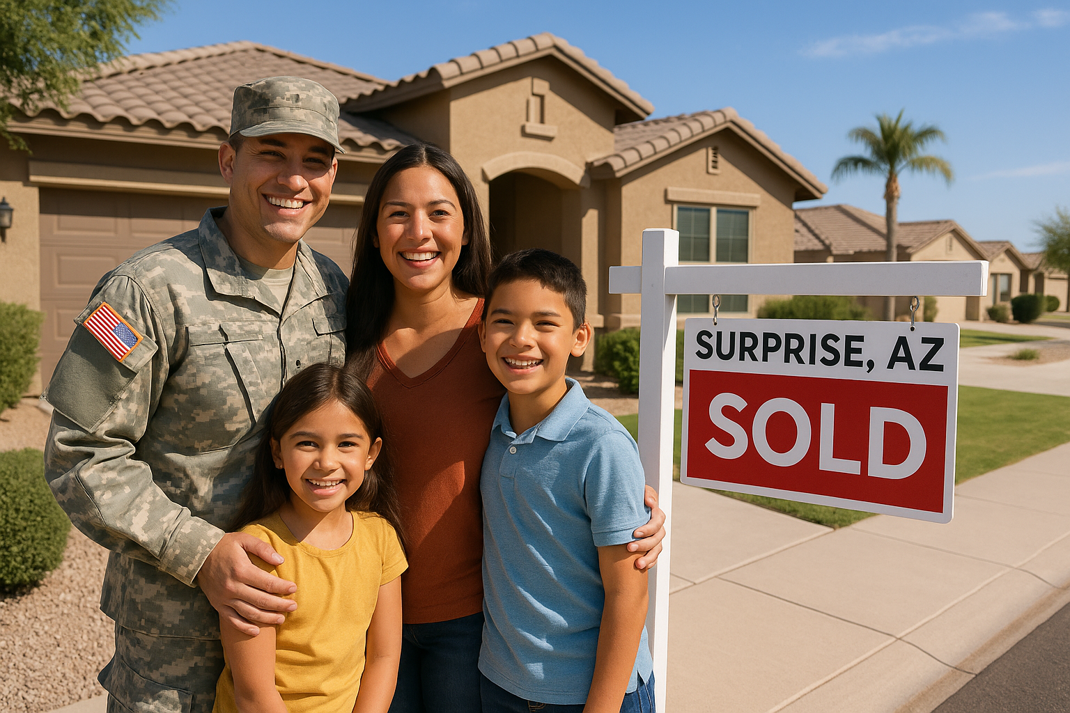 Happy military family in front of sold home in Surprise, AZ, ready for PCS move