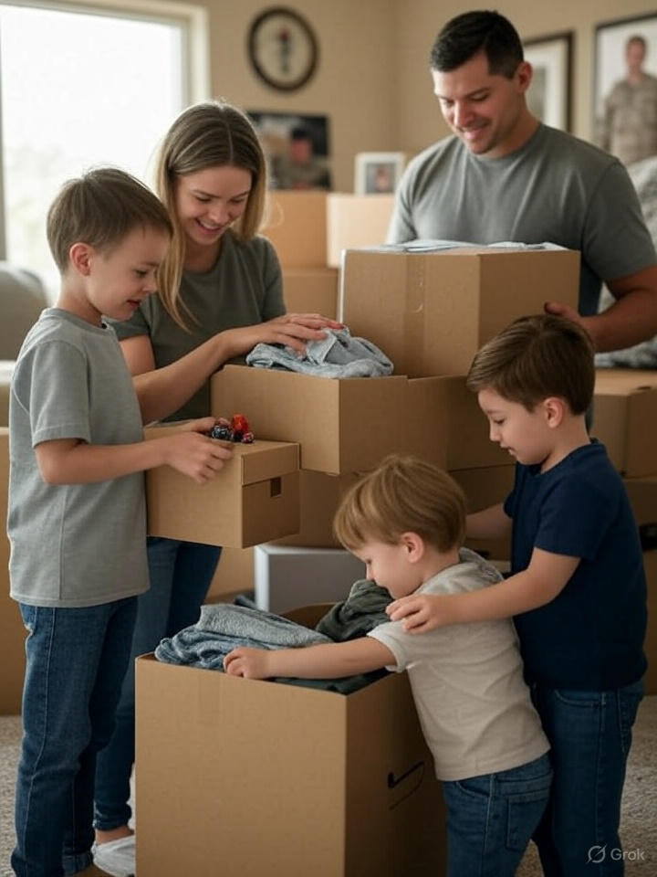 A military family packing boxes in their home near Luke Air Force Base