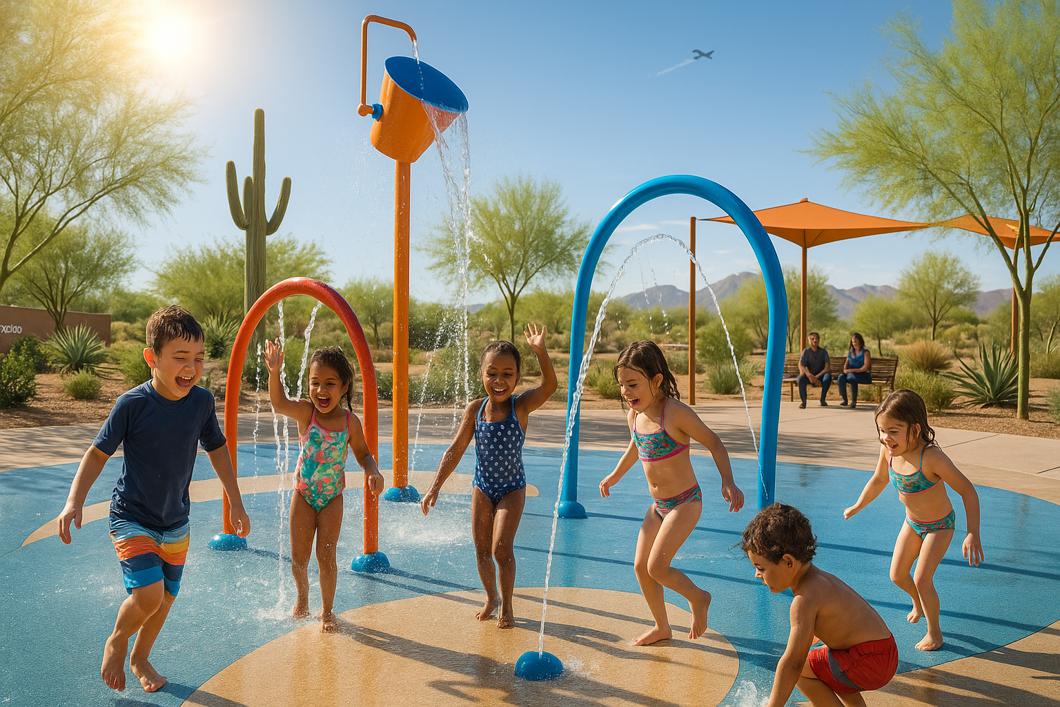 Kids enjoying a community splash pad in Surprise, Arizona near Luke AFB.