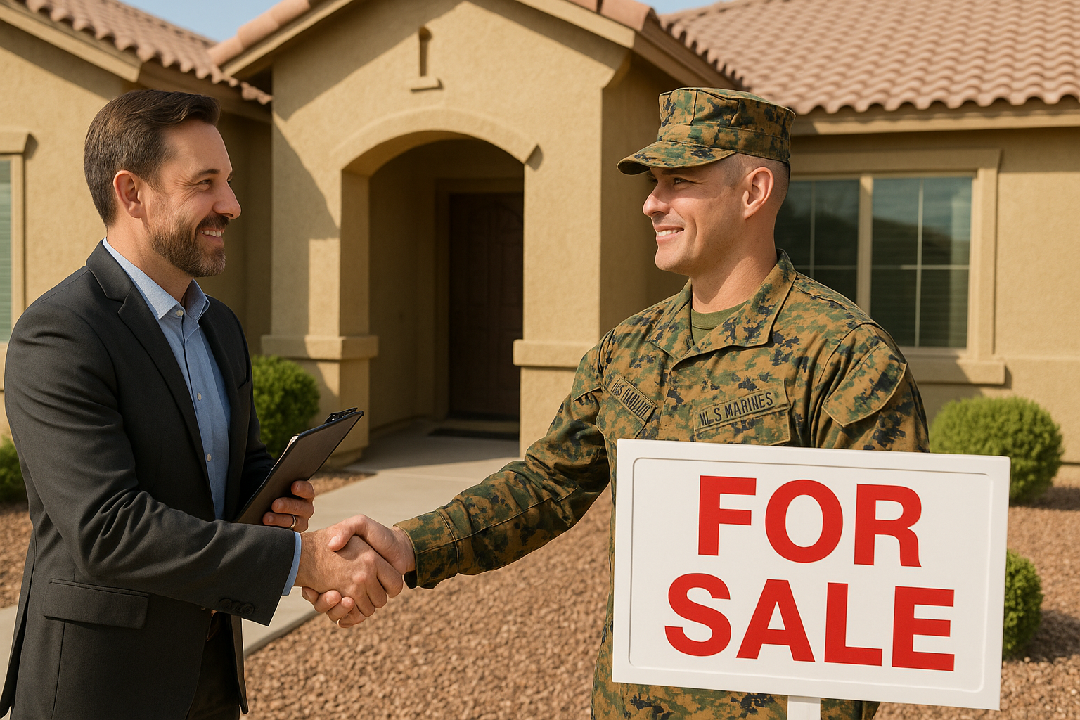 Military Realtor shaking hands with US Marine, symbolizing trust in Yuma home sale