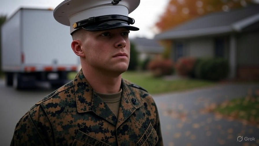 Create a 1280 x 720 pixels picture of a US Marine in uniform symbolizing moving