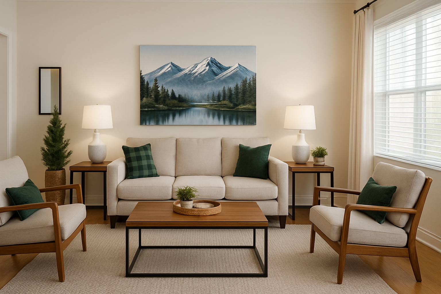 Professional home staging in Flagstaff AZ showing inviting living room with mountain-inspired decor