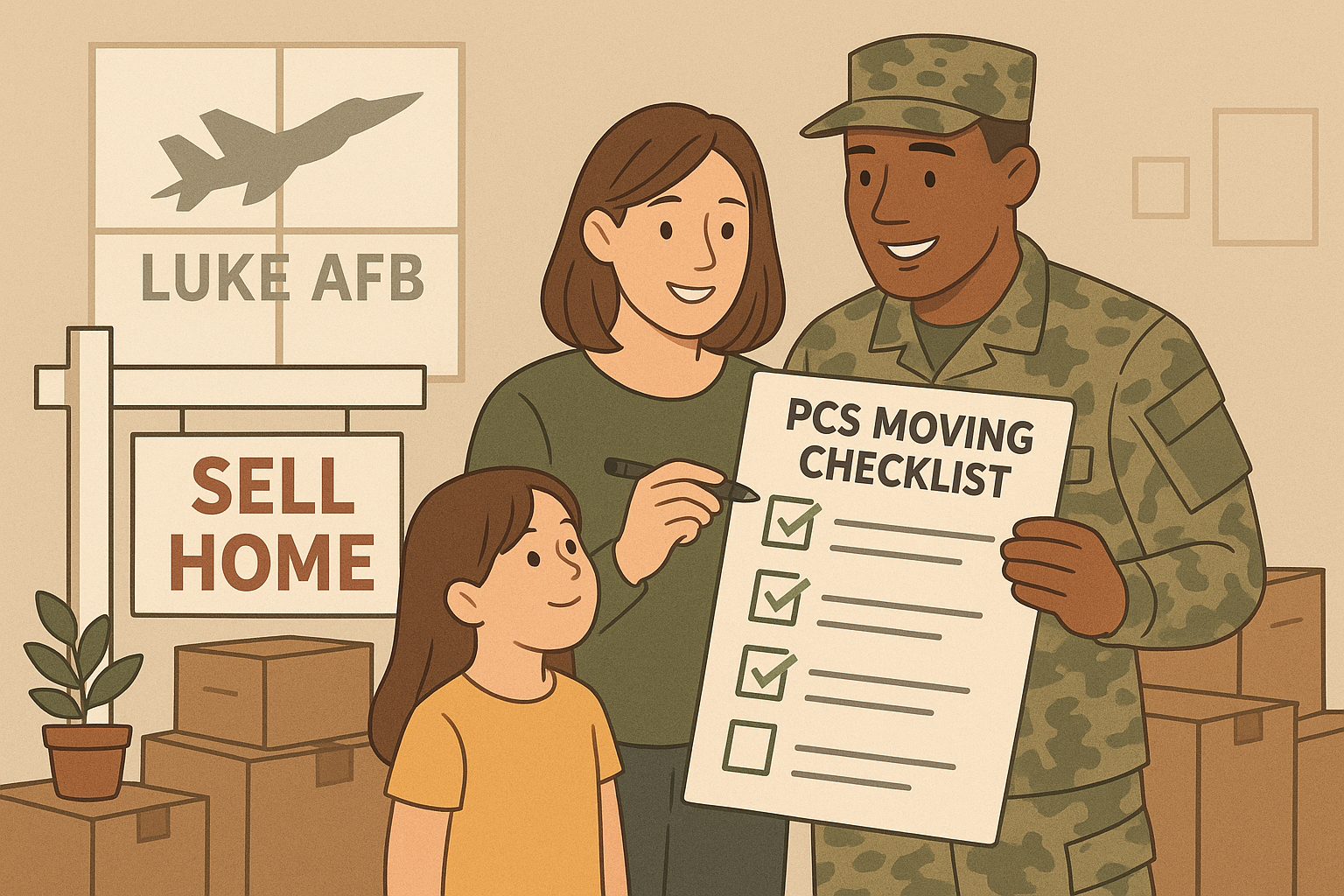 Illustration of military family checking items off a PCS moving checklist to sell home near Luke AFB