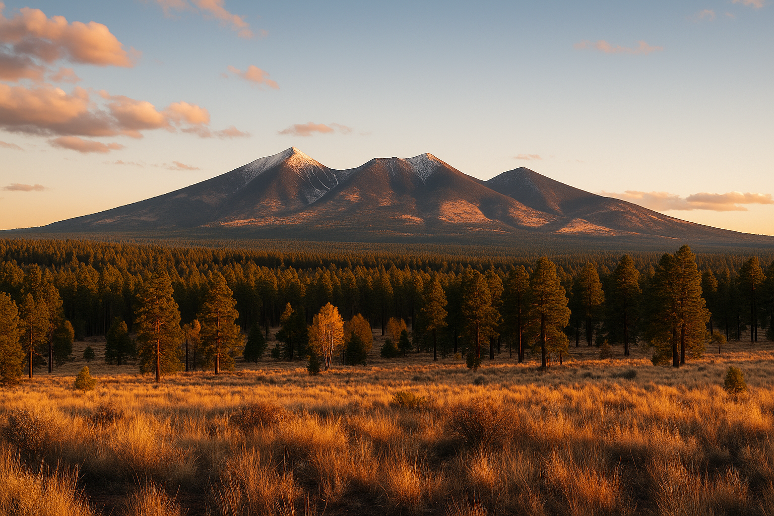 Flagstaff AZ mountain views of San Francisco Peaks at golden hour