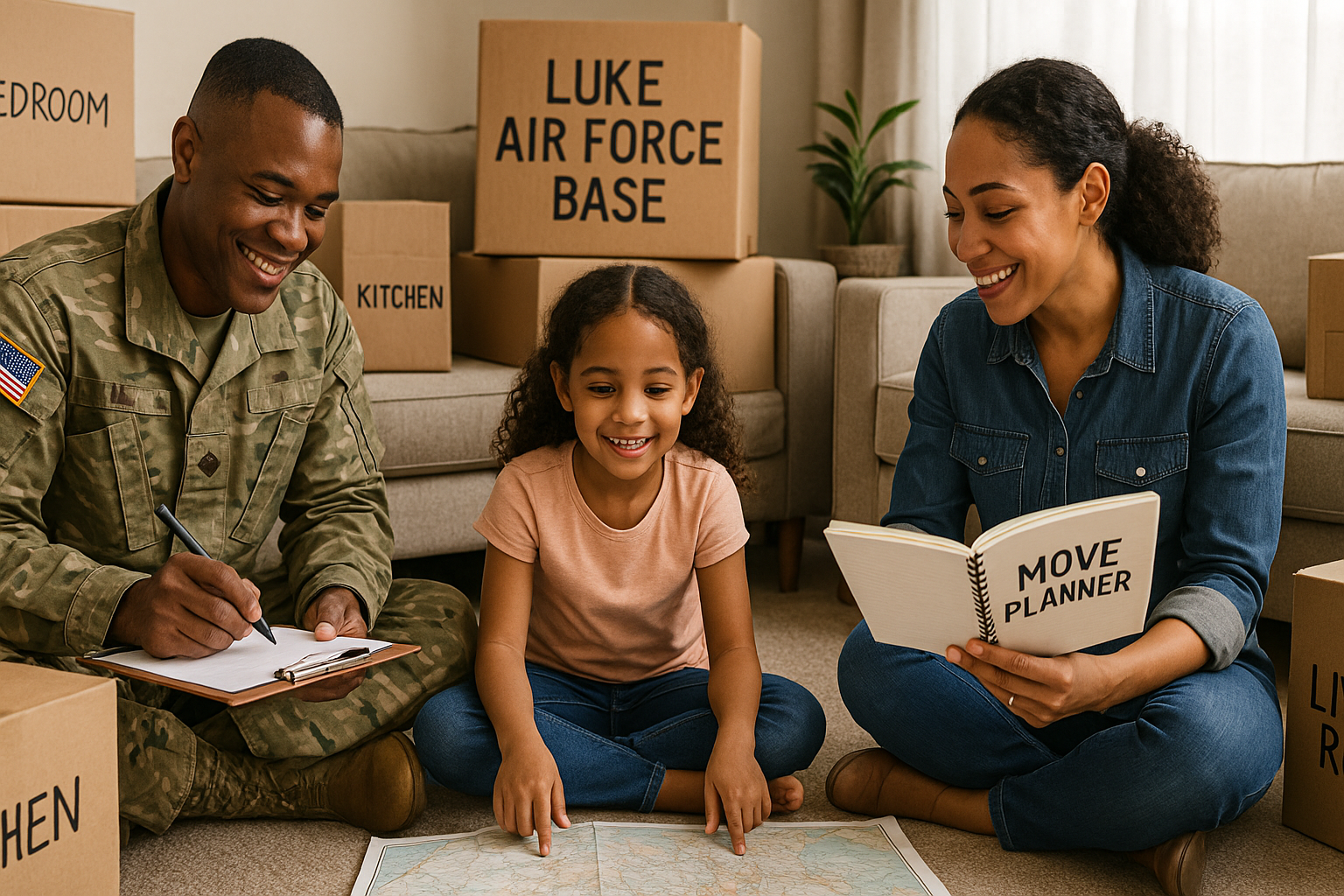 Military family organizing move from Luke Air Force Base with boxes and planning materials