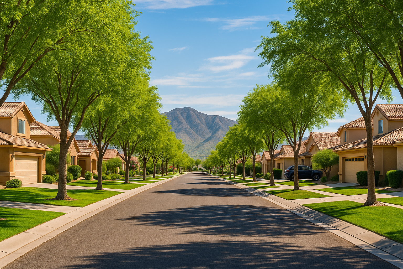 Tree-lined West Valley neighborhood street with sidewalks and mountain views near Luke AFB
