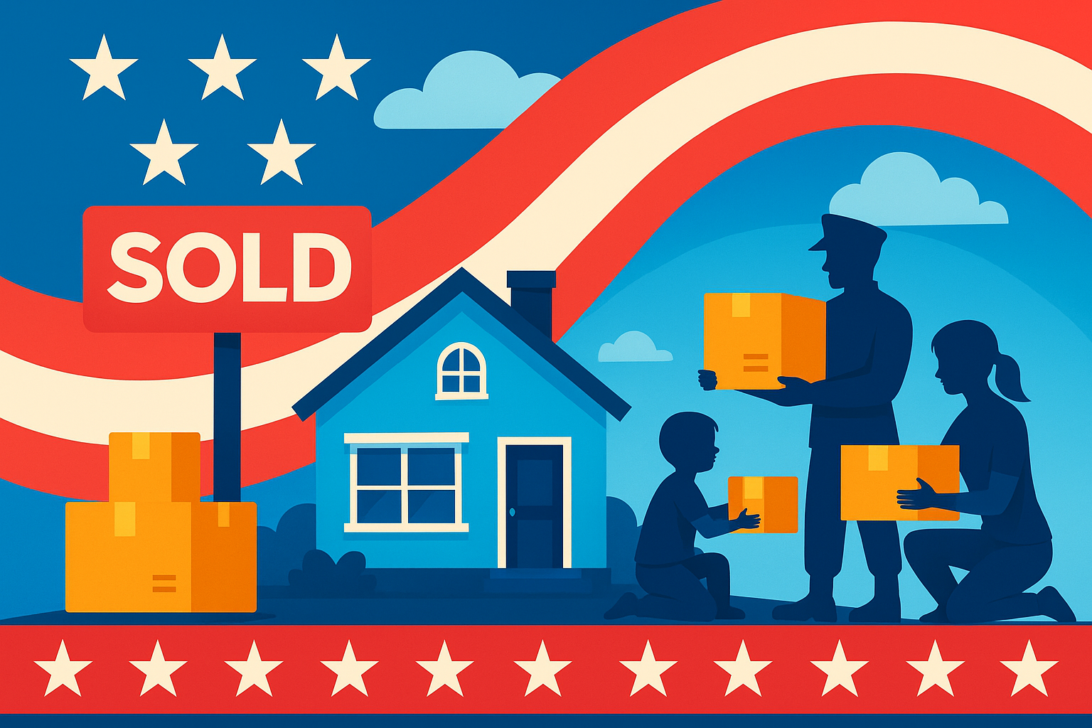 Military family packing boxes in their Avondale home with a sold sign in the front yard