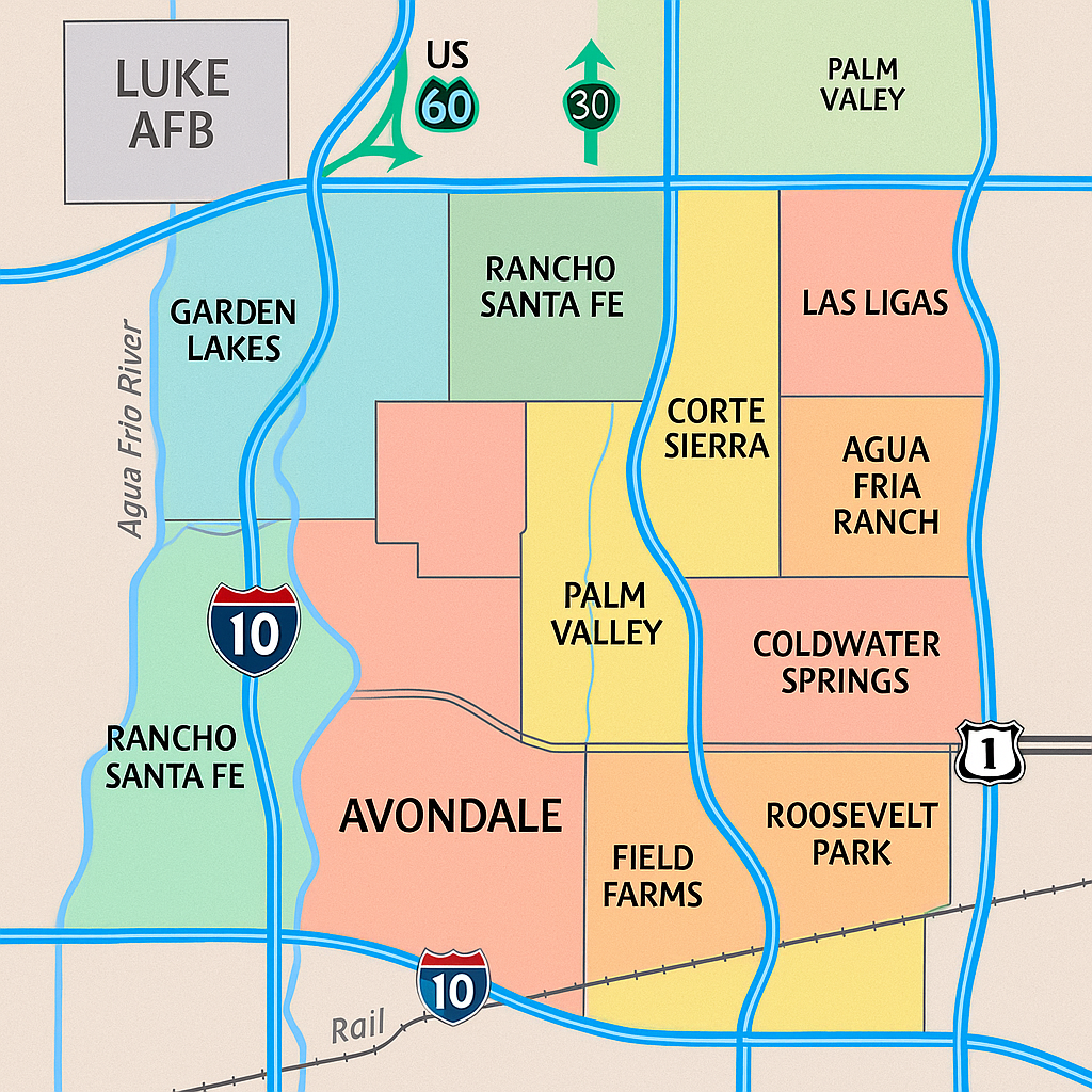 Map of Avondale neighborhoods and commuting routes to Luke AFB