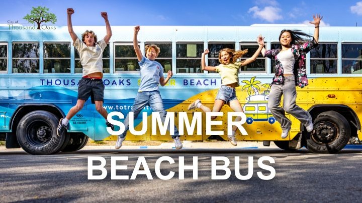 Students standing in front of the Thousand Oaks Summer Beach Bus