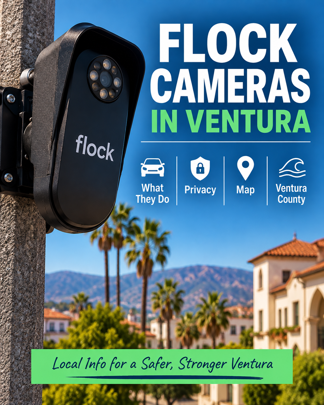Flock camera in Ventura with information about what license plate readers do, privacy, camera maps and Ventura County.
