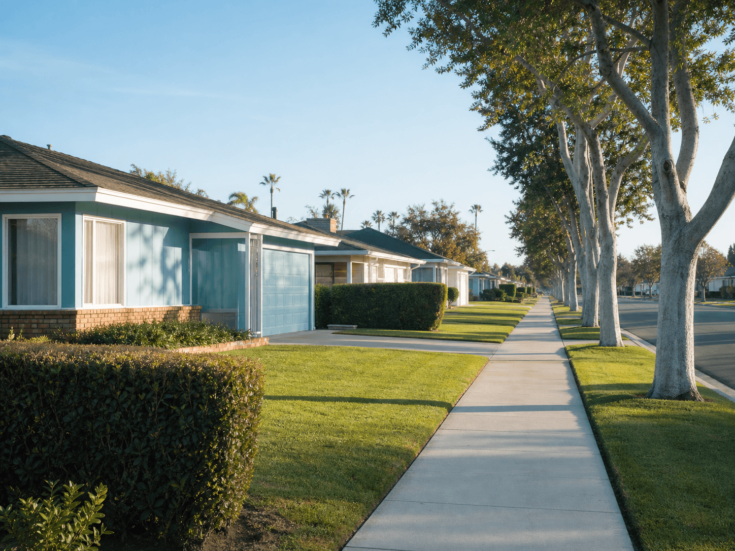 A long straight suburban street of neat single-storey post-war homes in Lakewood, CA in soft morning light