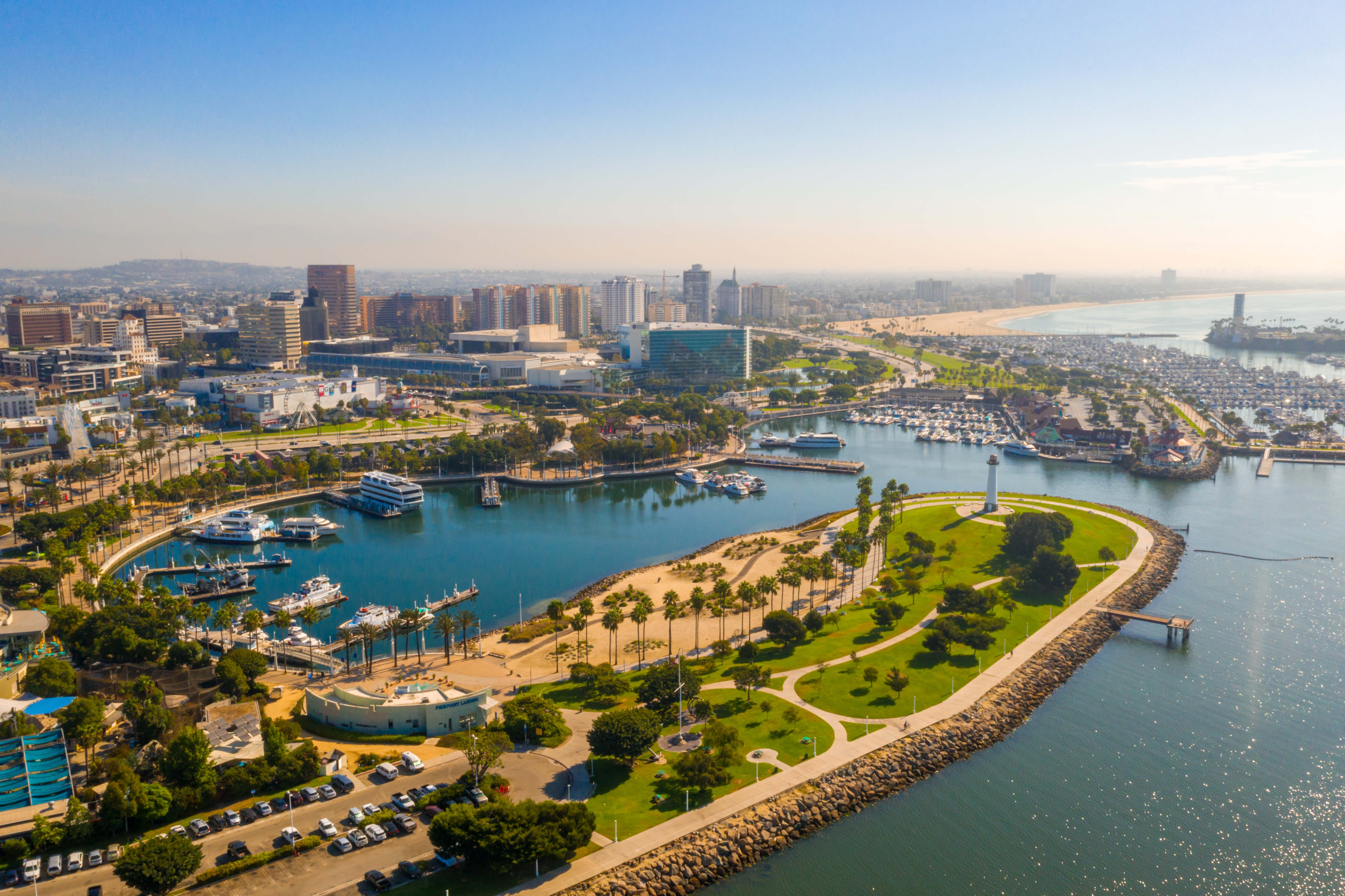 Aerial view of the Long Beach marina, shoreline and downtown skyline