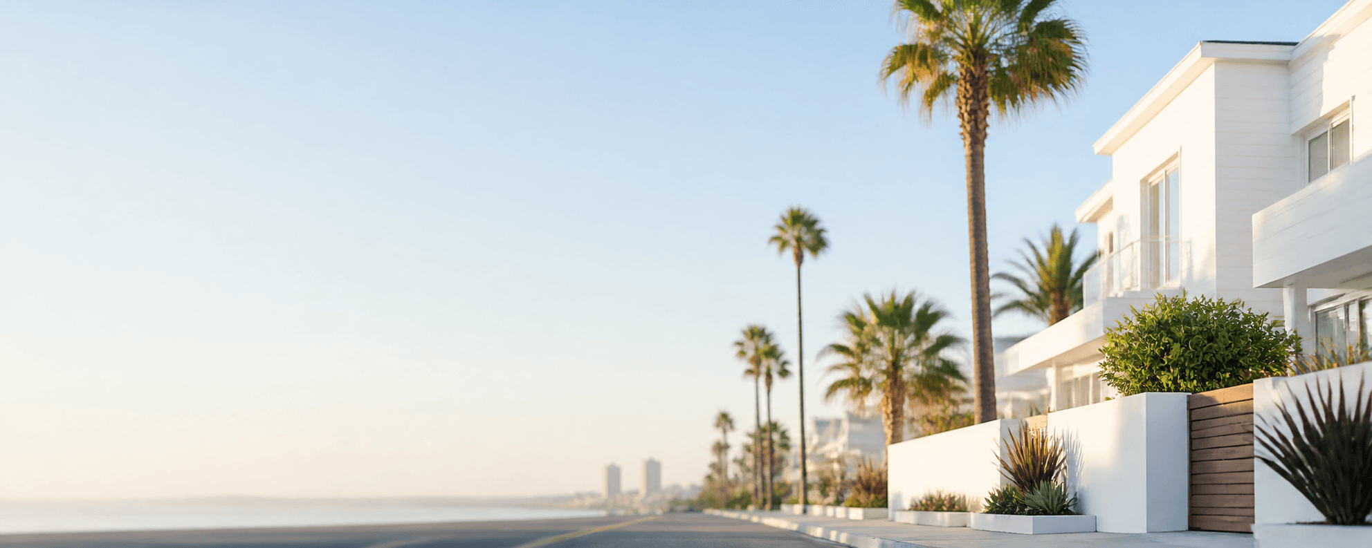 Bright coastal Long Beach neighborhood street at morning light