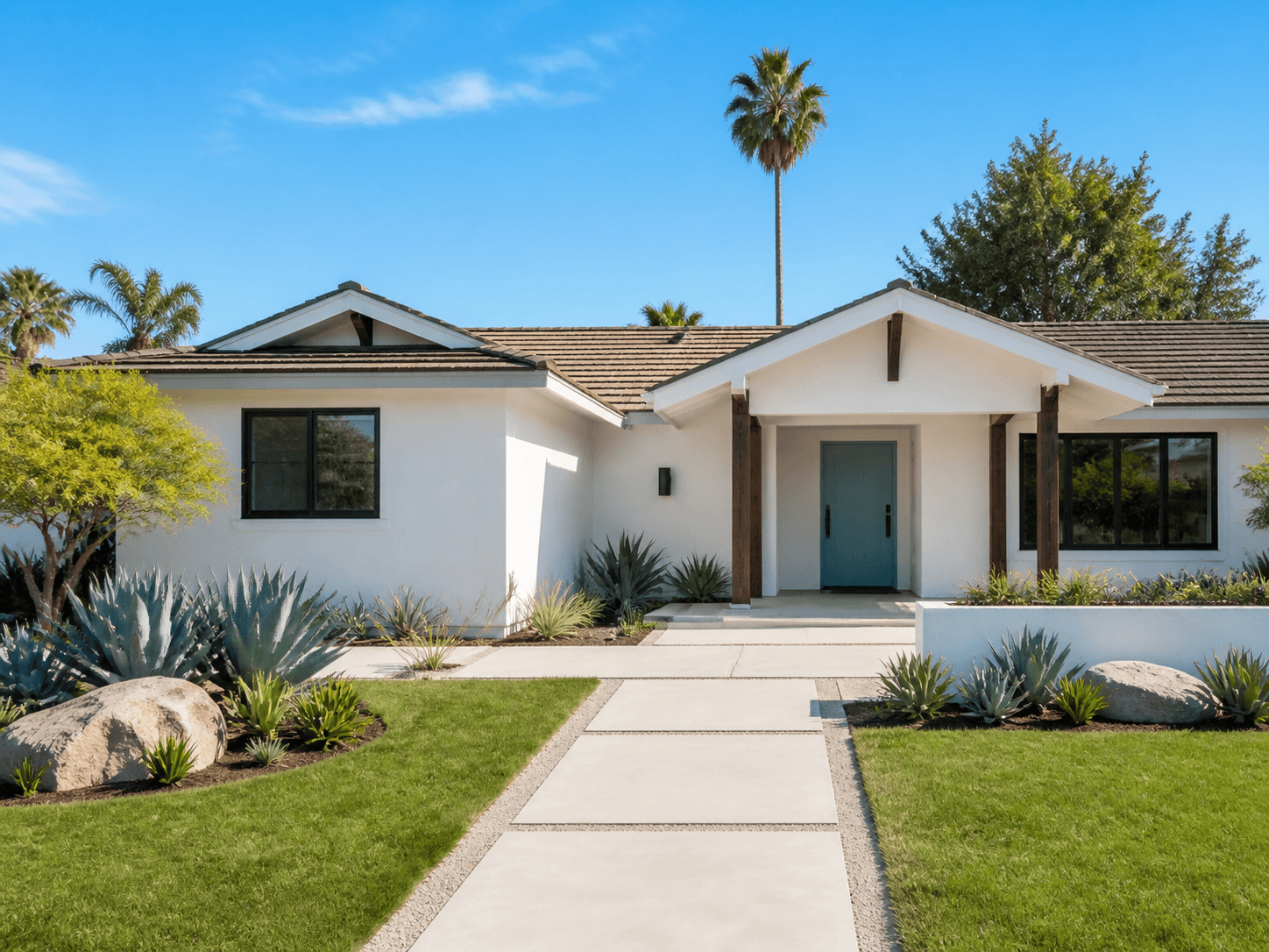 Bright, tidy single-storey home exterior with manicured front yard